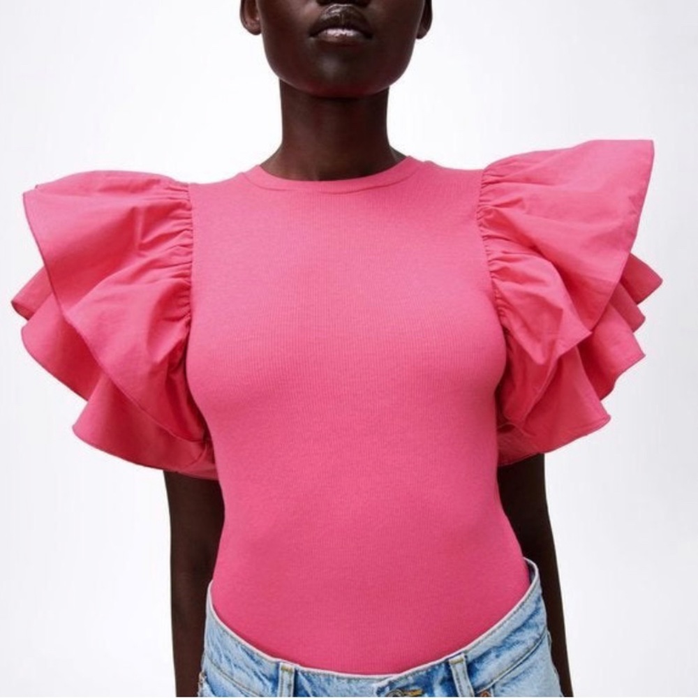 Pink ZARA Ruffle Sleeve Rib Knit Bodysuit Top